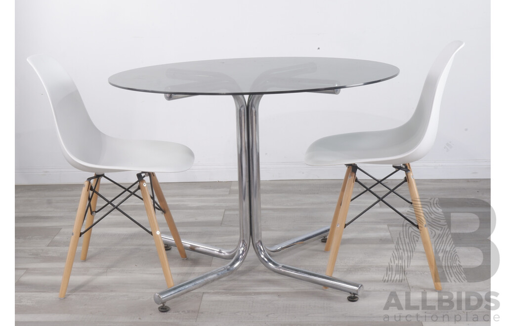 Retro Smoke Glass and Chrome Dining Table and Two White Eames Chairs
