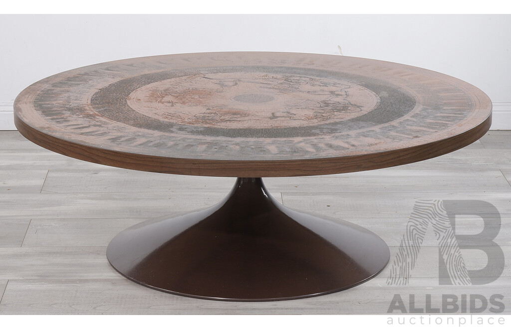 Large Retro Coffee Table with Pressed Copper Surface Decorated with Egyptian Chariots and a Procession
