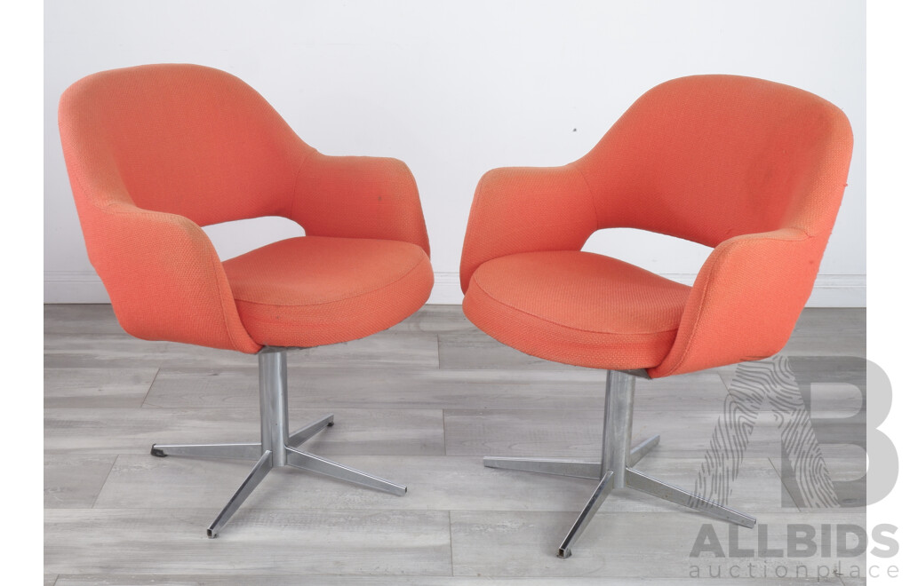 Pair of Retro Swivel Chairs with Blood Orange Wool Upholstery