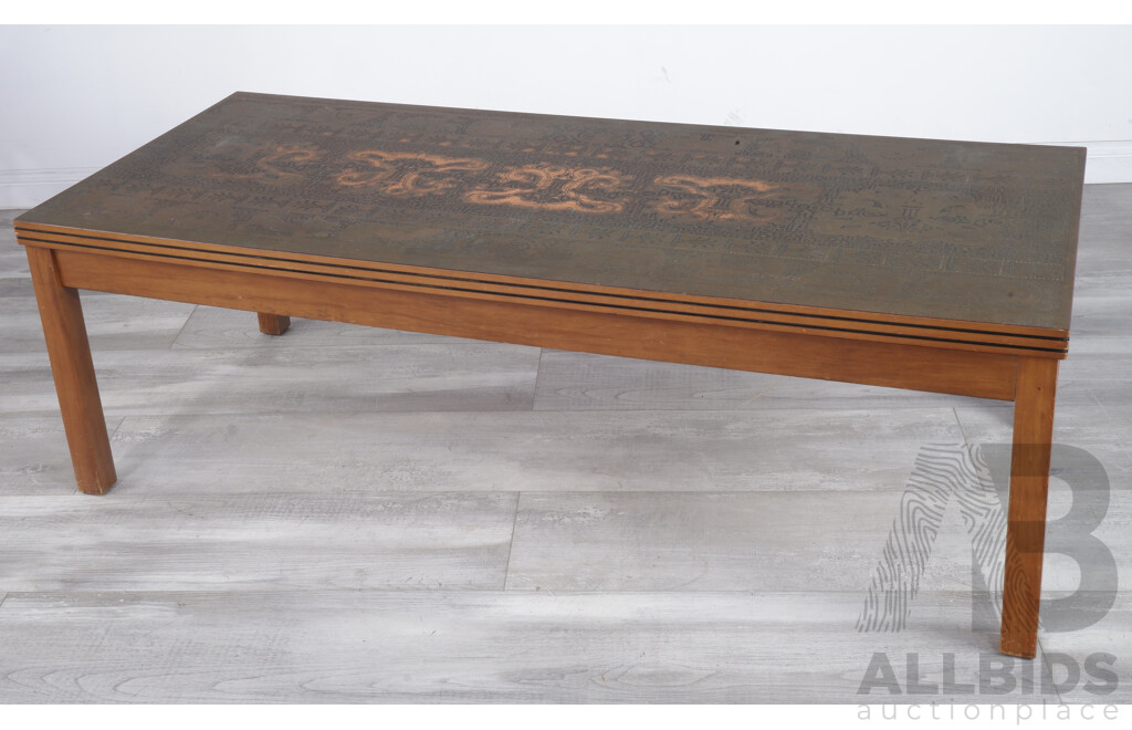Large Retro Coffee Table with Pressed South American Stylised Design