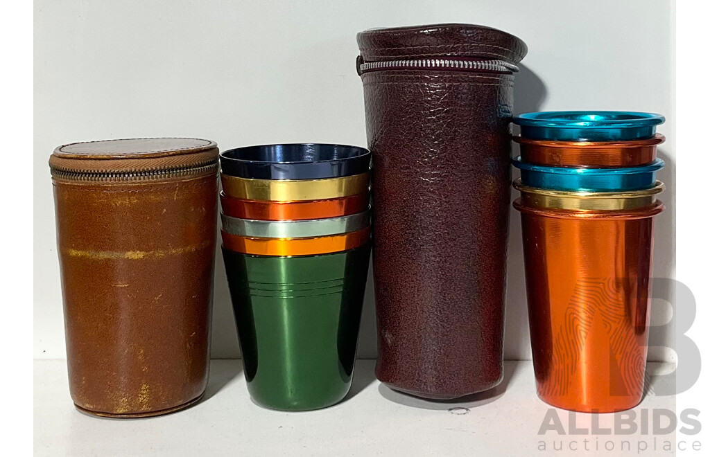 Two Retro Sets of Anodised Aluminium Travel Cups by Three Rings HK and Carribean Beakers Australia