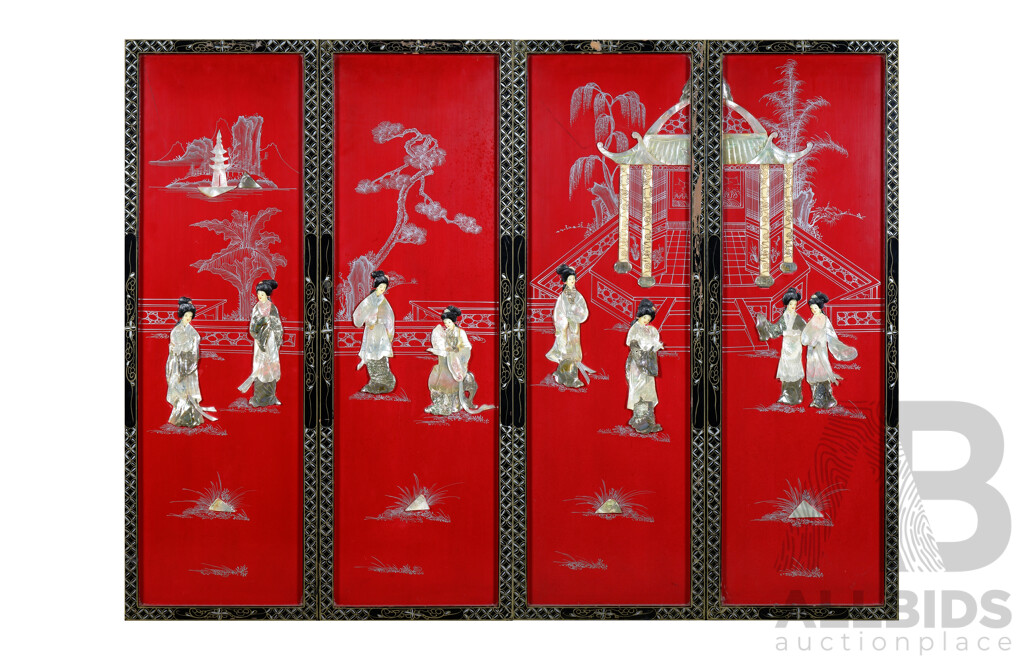 Set Four Chinese Lacquer and Shell Panels