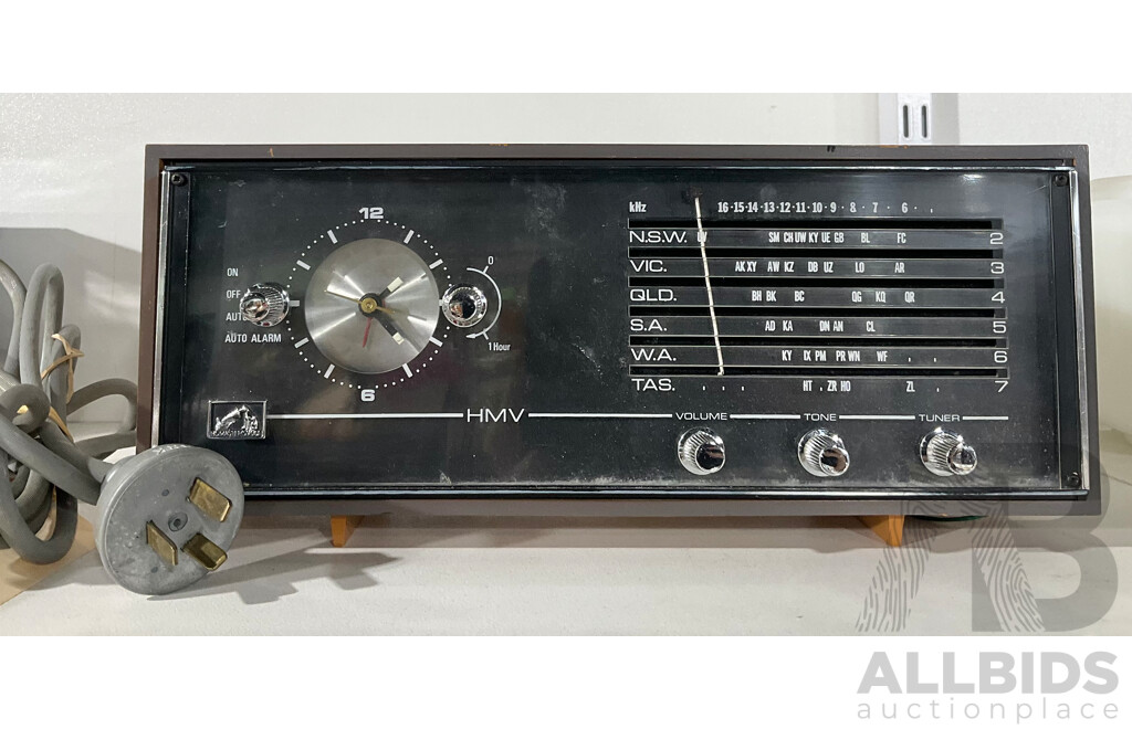 Vintage HMV Clock Radio in Faux Timber Case