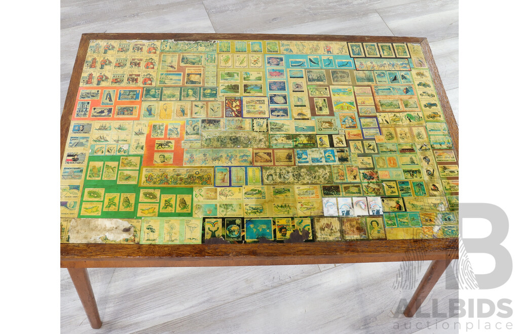 Unique Retro Coffee Table with Stamp Covered Top