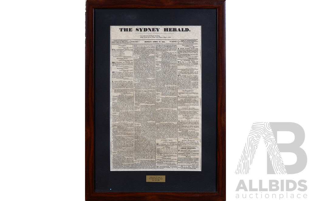 Framed Reproduction Sydney Herald Front Page 18 April 1831