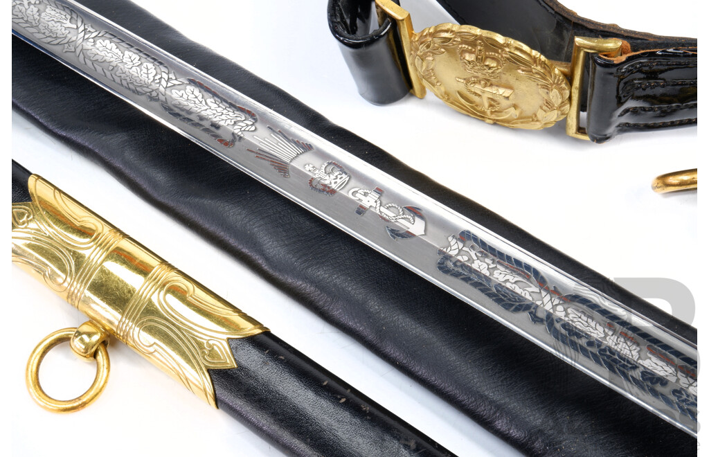 Royal Australian Navy Ceremonial Sword with Faux Shagreen Grip, Engraved R J Whitten RAN, with Belt and Outer Cover