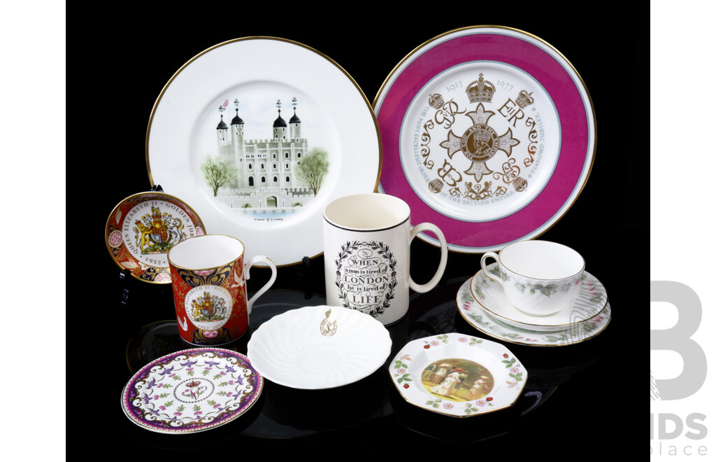 Collection VIntage Porcelain of English & Royal Interest Including Royal Doulton on the Lawns Trio, Royal Worcester Queen Elizabeth Jubulee Mug and Underplate and More
