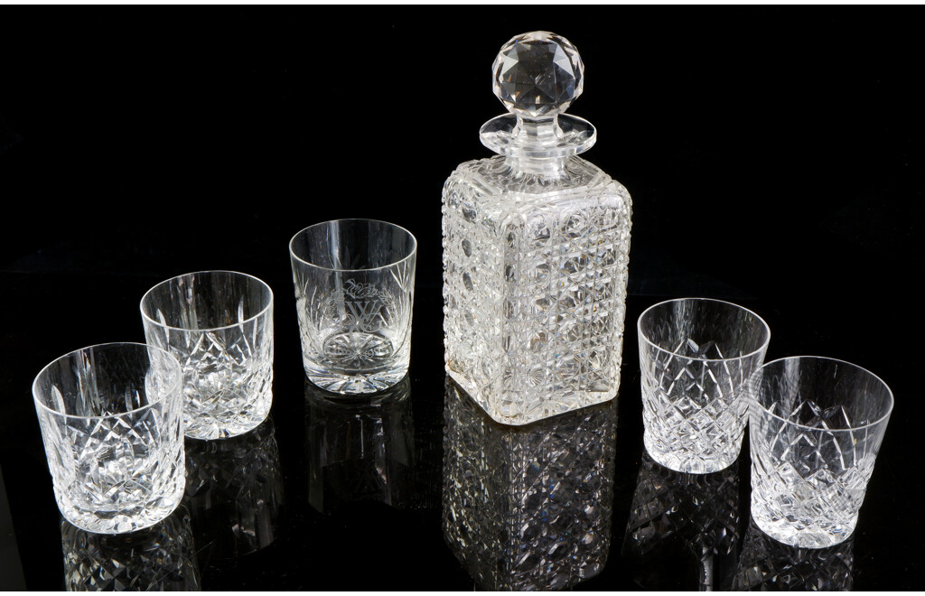 Square Cut Crystal Decanter with Two Pairs Matching Crystal Whisky Tumblers and One Other Tumbler