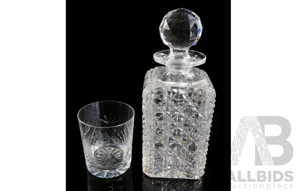 Square Cut Crystal Decanter with Two Pairs Matching Crystal Whisky Tumblers and One Other Tumbler