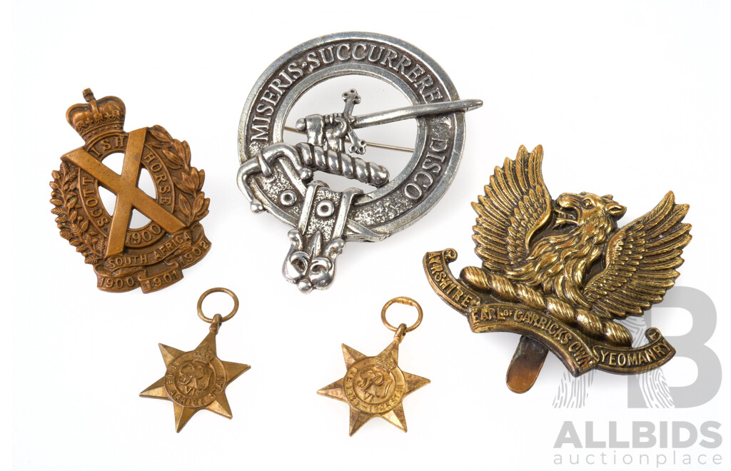 Collection of Vintage United Kingdom Military Badges and Medals Includiing the Star 1939-1945 (2) 1900 Scottish Horse Brigade Badge/South Africa and Scottish Clan Crest