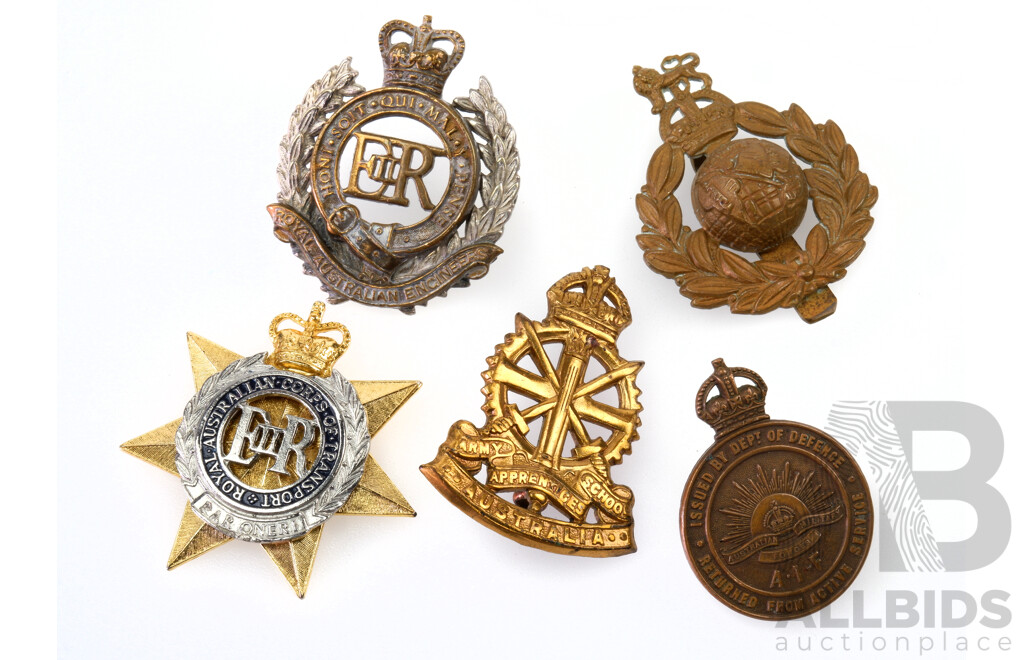 Collection of Vintage Australian and United Kingdom Military Badges Including Australian Corps of Transport, Royal Australian Engineers, Army School Apprentices, Returned From Active Service and WW2 Hat Badge