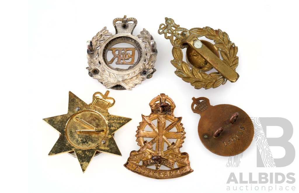 Collection of Vintage Australian and United Kingdom Military Badges Including Australian Corps of Transport, Royal Australian Engineers, Army School Apprentices, Returned From Active Service and WW2 Hat Badge