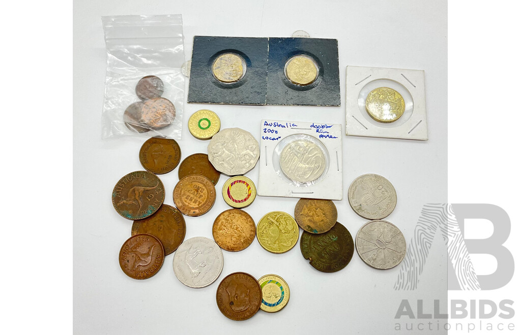 Collection of Australian Coins Including Commemorative Two Dollar Coins, KGV and KGVI Pennies and Half Pennies and 2000 Twenty Cent Coin with Rim Error