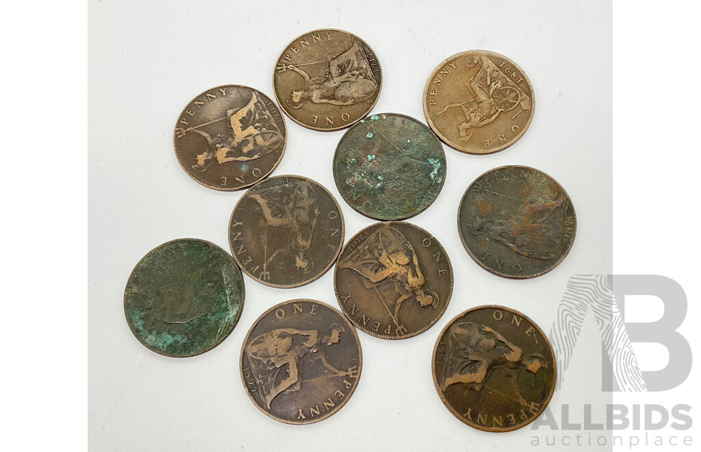 Collection of Antique United Kingdom Pennies Including 1875, 1899, 1891, 1901, 1897, 1900, 1921, 1917, 1897, 1896 (10)