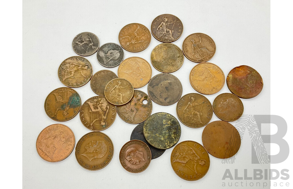 Collection of United Kingdom Pennies and Half Pennies Including 1930, 1935, 1936, 1937, 1964 and More (25)