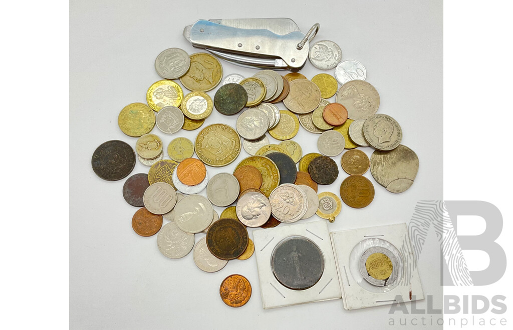 Collection of International Coins Including Agentina, Phillipines, Samoa, UK and Shelham Knife