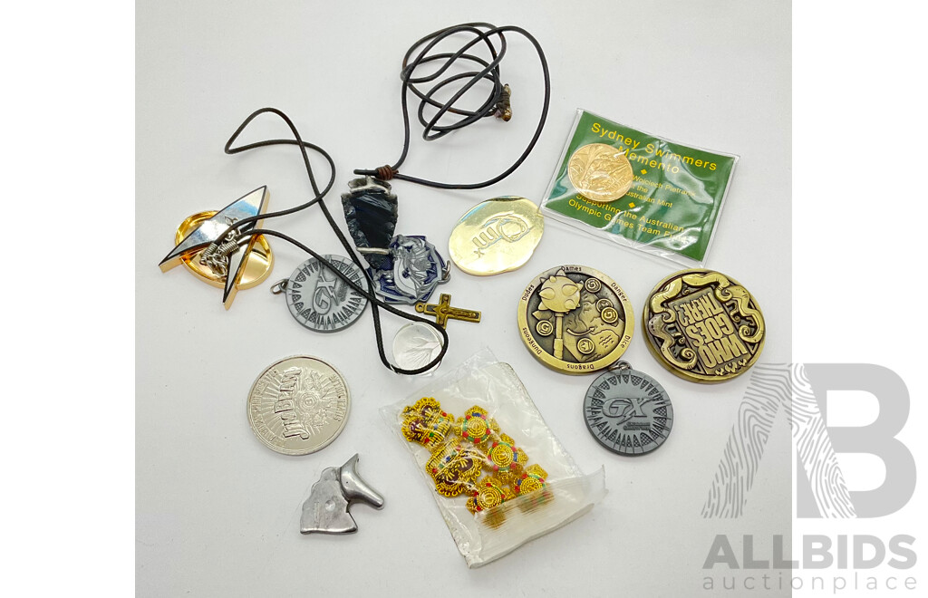 Collection of Dungeons and Dragons Pendants, Sydney Olympics Souvenir Coin, and Wolf Stone Spear Necklace Pendant and More