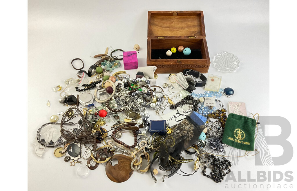 Collection of Costume Jewellery, Including Teak Jewellery Box