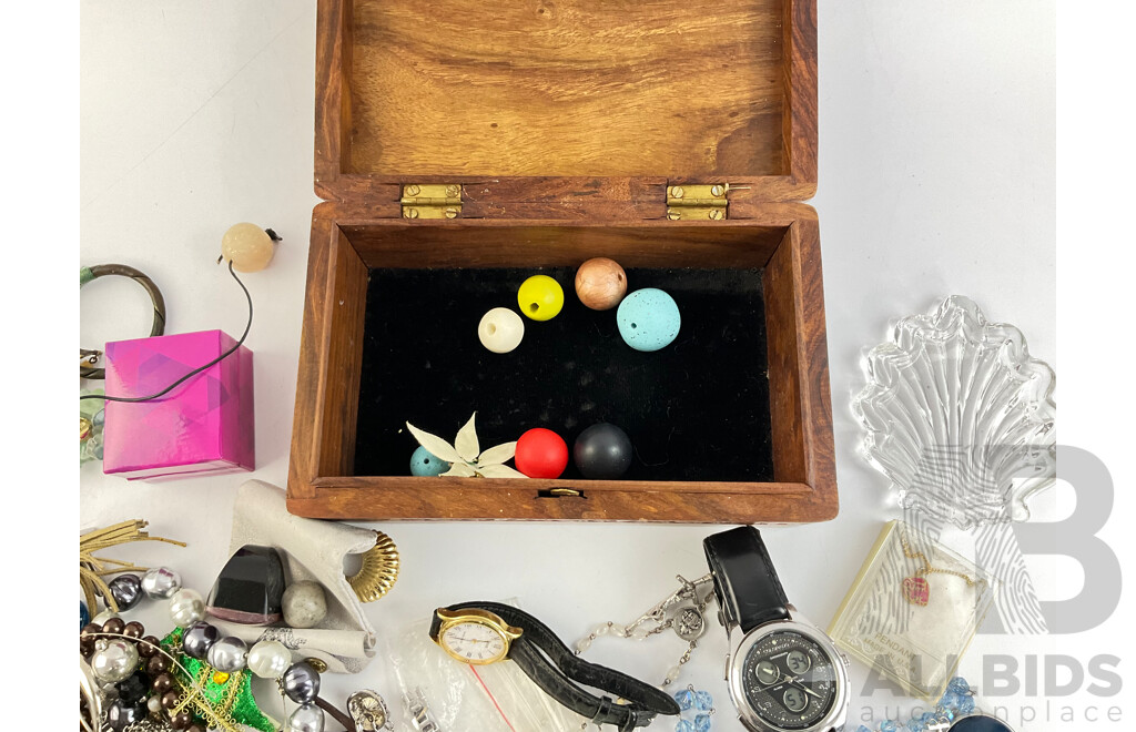 Collection of Costume Jewellery, Including Teak Jewellery Box