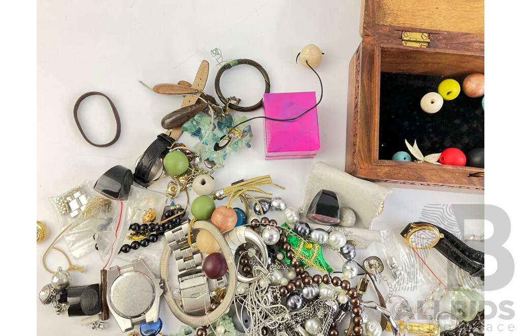 Collection of Costume Jewellery, Including Teak Jewellery Box