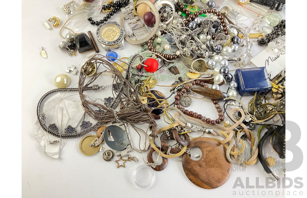 Collection of Costume Jewellery, Including Teak Jewellery Box