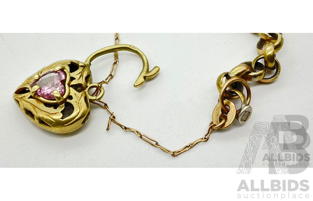 Silver Filled Belcher Link Bracelet with 9CT Gold  Plated Filigree Heart Clasp and Pink Stone - 10.59 Grams