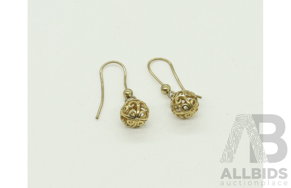 9ct Yellow Gold Filigree Ball Drop Earrings, 375 ITALY, 1.76 Grams