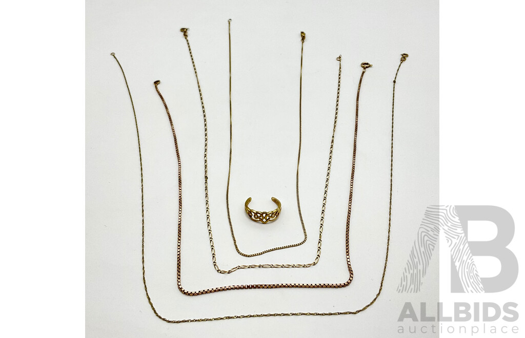Collection of Four 9CT Gold Necklaces and Toe Ring, Size J -  8.41 Grams