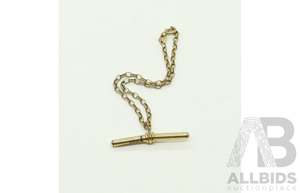 9ct Oval Belcher Link Bracelet with 30mm Fob T-Bar, 19cm, 4.18 Grams