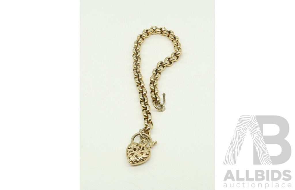 9ct Belcher Link Bracelet with Filigree Heart Clasp, 20cm, 10.88 Grams