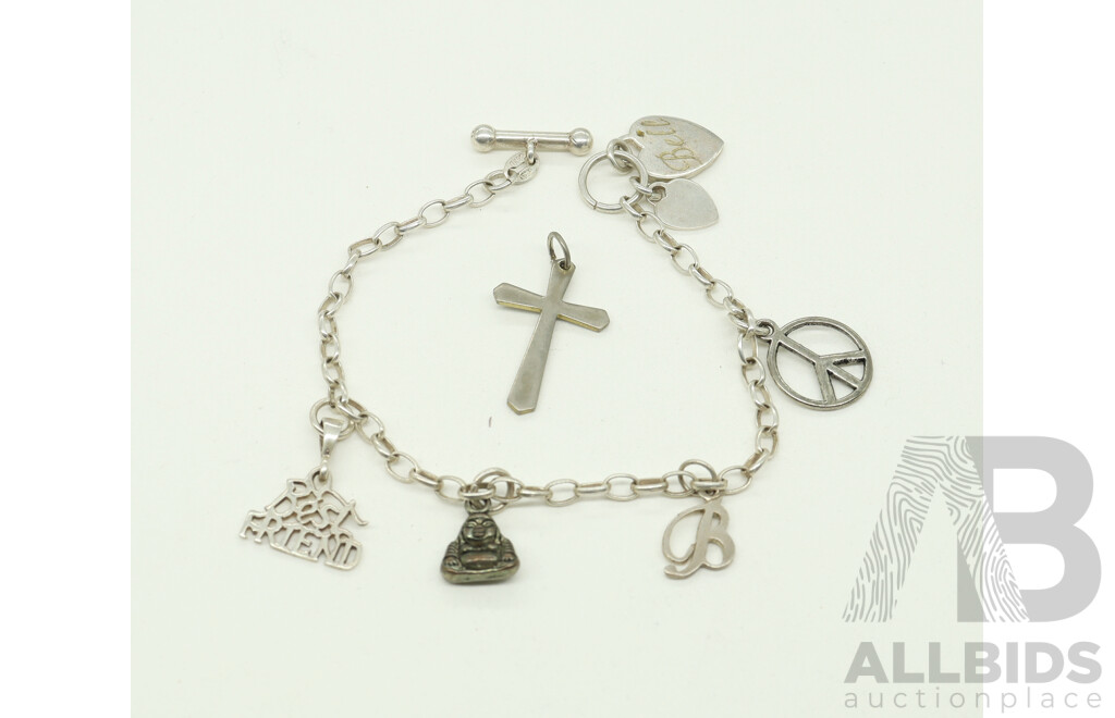 Sterling Silver Vintage Bracelet with T-Bar Toggle and Heart Charm, with 5 X Charms and S/S Cross Pendant