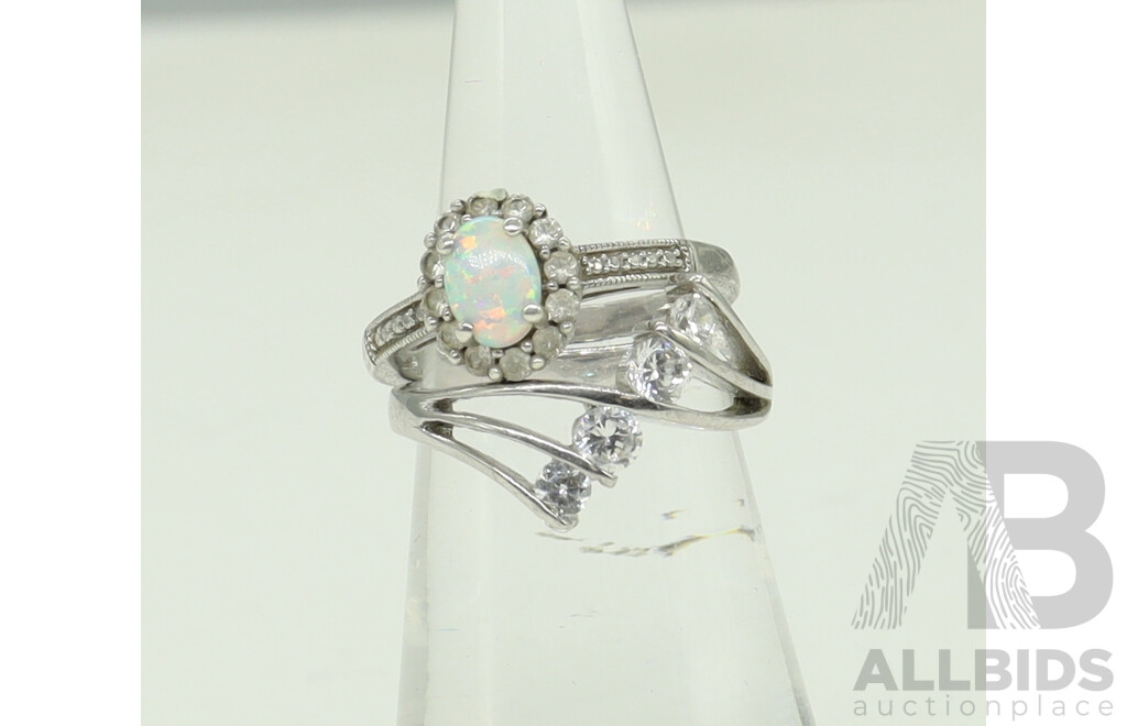 Sterling Silver Rings X 2, with CZ and Opalite, 6.08 Grams
