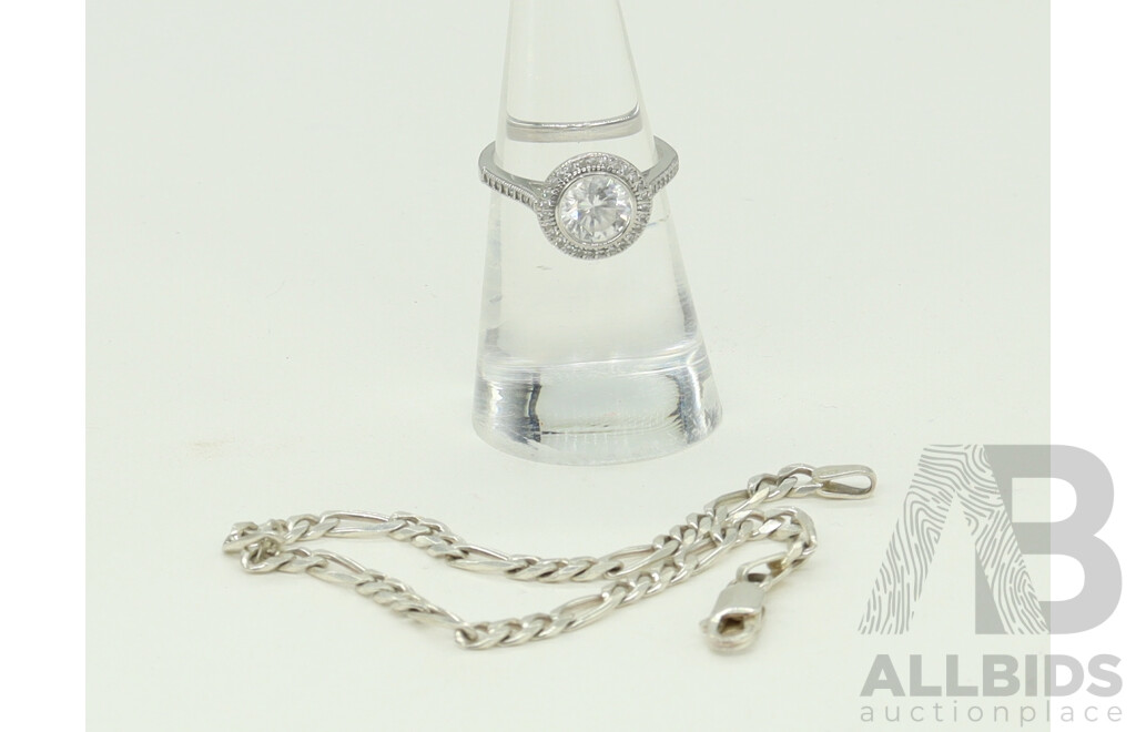 Sterling Silver Figaro 3+1 Bracelet, 19cm and Bezel Set CZ Ring, Size M