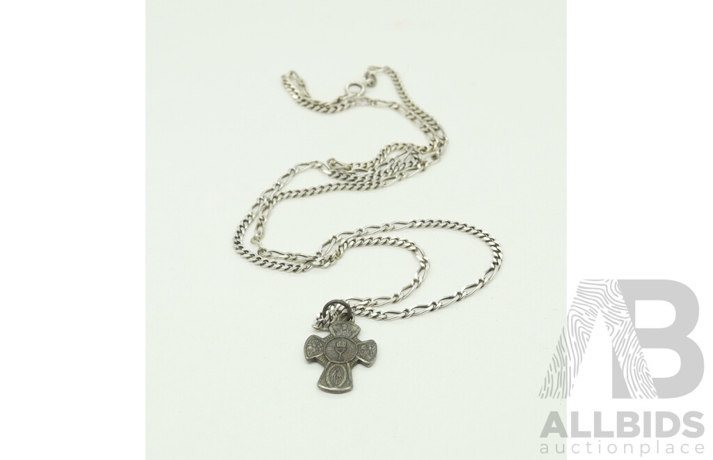 Sterling Silver Figaro Chain, 60cm, with Interesting Vintage Oxidised Cross Pendant