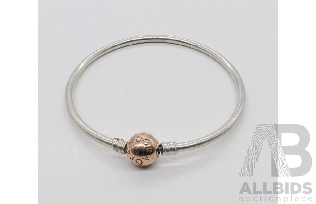 Pandora Bangle, Sterling Silver with 'Pandora Rose' Gold Plated Clasp 60mm