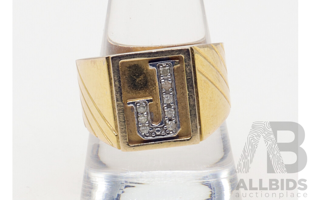 9ct Gold & Diamond 'J' Signet Ring, Size V, 9.71 Grams