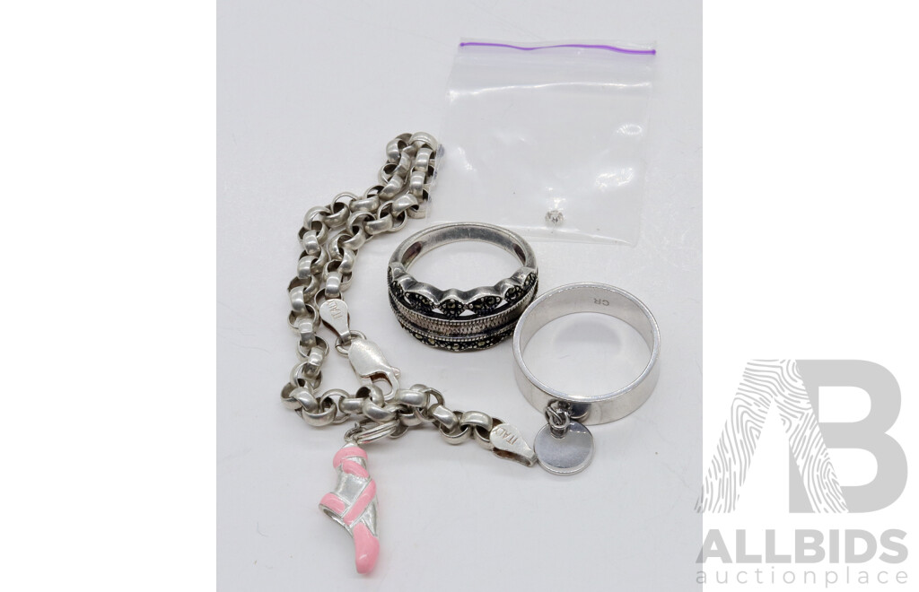 2 X Sterling Silver Rings Size N & P,  Sterling Silver Belcher Link Charm Bracelet with Ballet Shoe 19cm