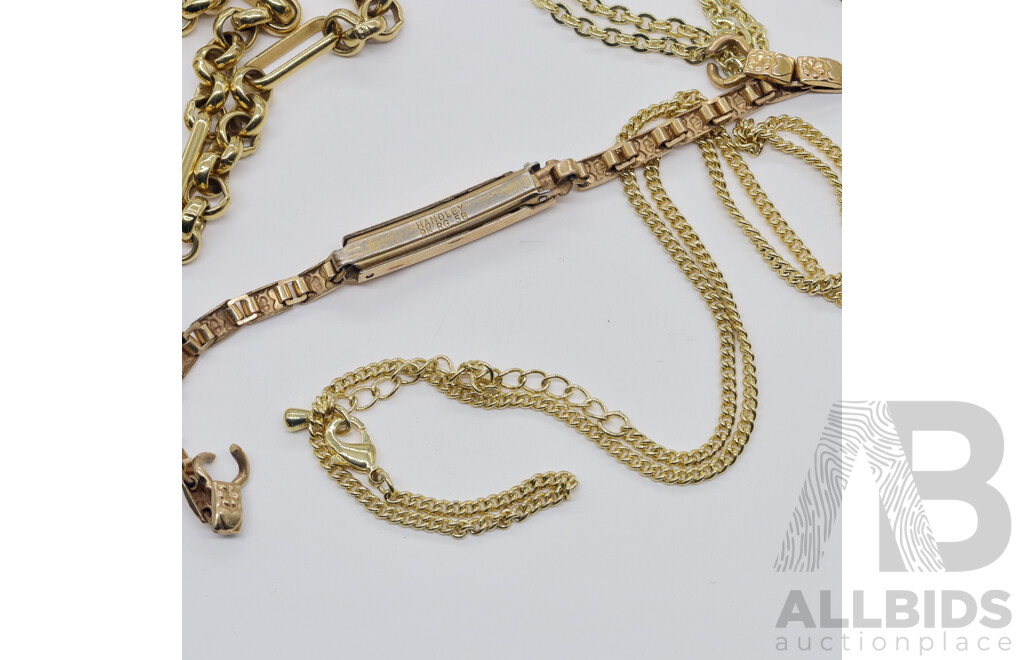 Antique Rolled Gold Watch Band and Gold Plated Chains X 4
