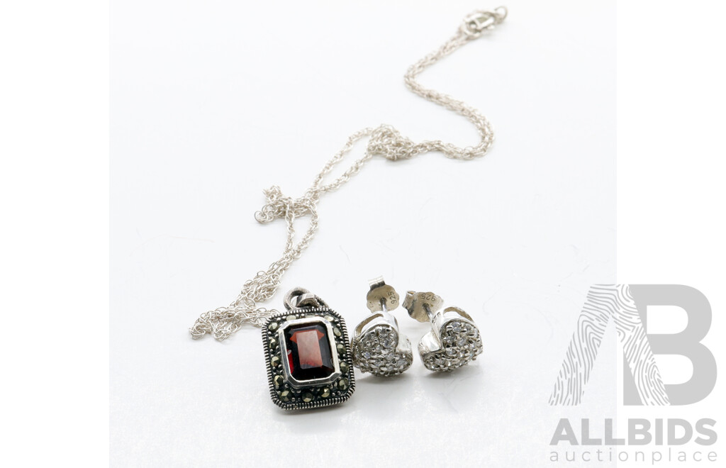 Sterling Silver CZ Set Heart Stud Earrings & SS Marcasite Pendant on Chain
