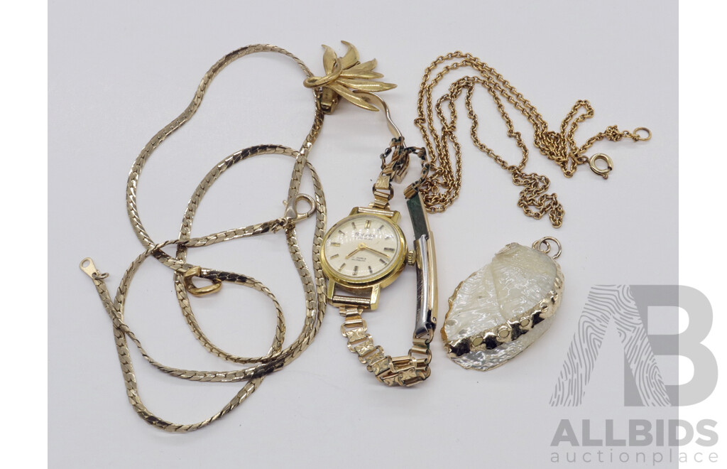 Vintage Gold Plated Watch, Shell Pendant and Other Items - All Gold Plated