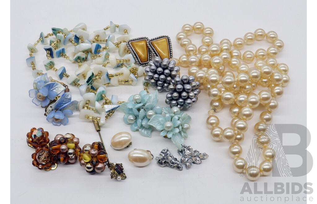 8 X Pairs of Vintage Clip on Earrings, Hat Pin, Pretty Shell Beads & Faux Pearl Strand