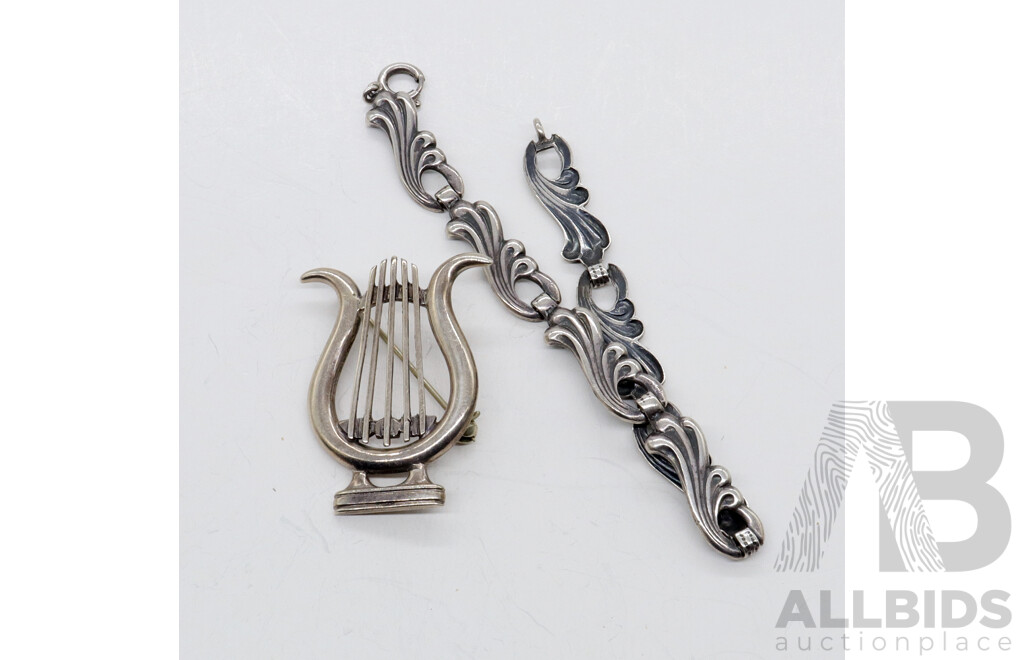 Vintage Sterling Silver Danish Style Bracelet & Sterling Silver Harp Brooch