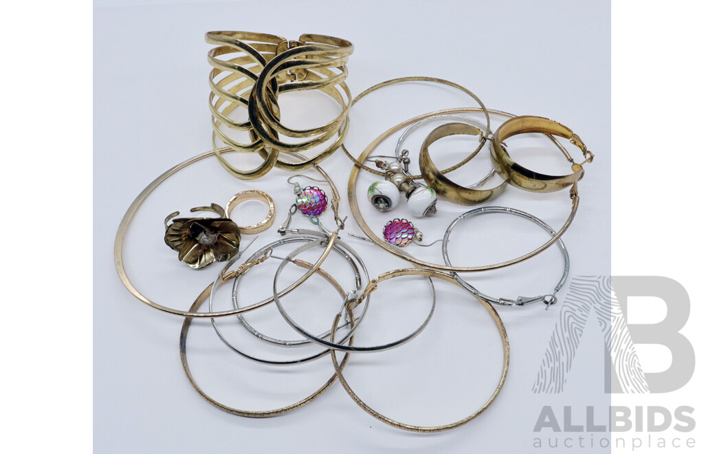 Collection of Gold Plated Jewellery Including Vintage Cuff and Hoop Earrings