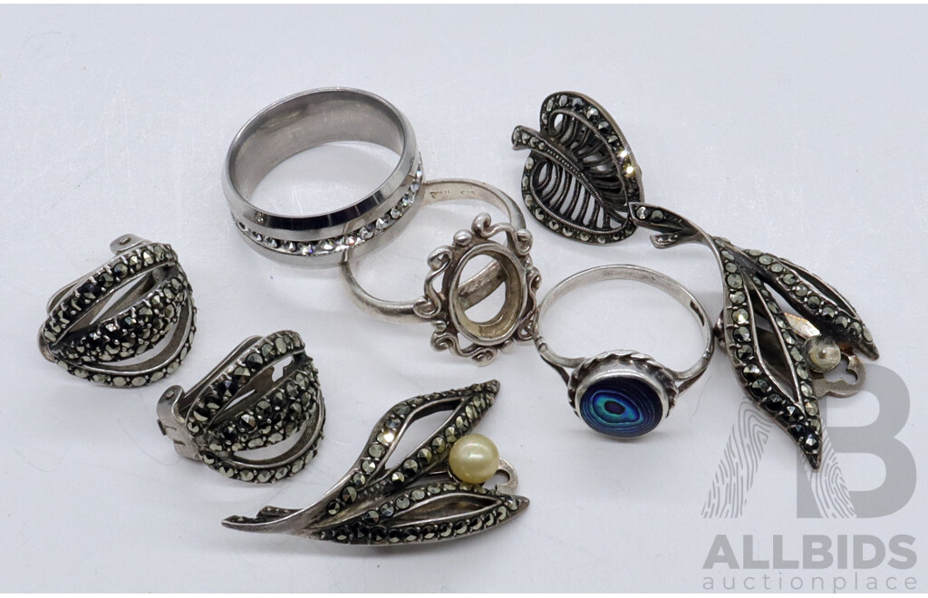2 X Pairs of Sterling Silver Marcasite Clip on Earrings, 925 Paua Shell Ring and Other 925 Items