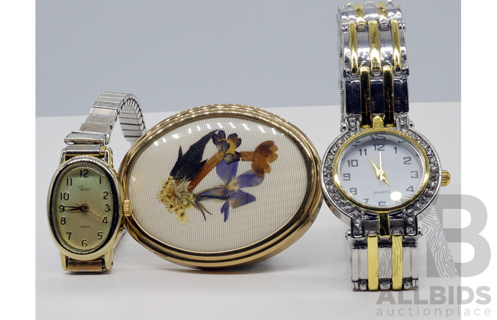 Vintage Gold Plated Pressed Flower Brooch and Two Watches
