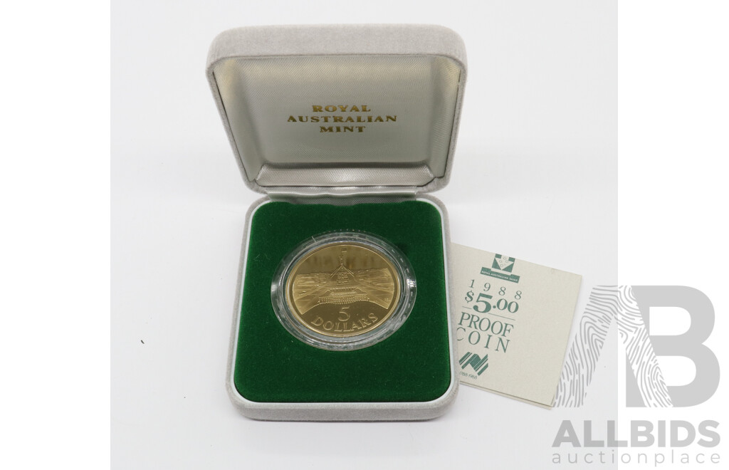 Australian 1988 5 Dollar Parliament House Proof Coin in Presentation Case
