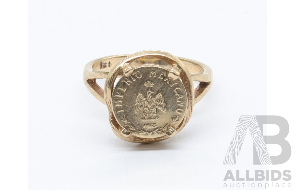 9ct Vintage Ímperio Mexicano' Coin Ring, Size H, 2.51 Grams