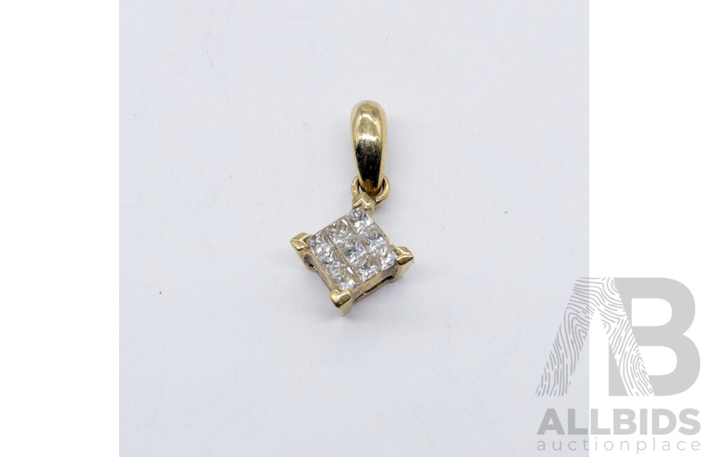 9ct Princess Cut Diamond Cluster Pendant, 0.47 Grams, Hallmarked 375, TDW Approx. 0.10ct