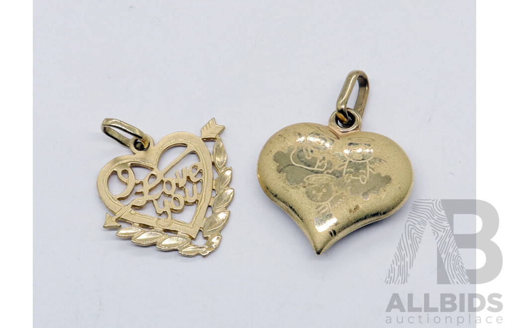 9ct Gold Pendants - 'Friends' Heart & 'I Love You' Designs, Total Weight 1.32 Grams