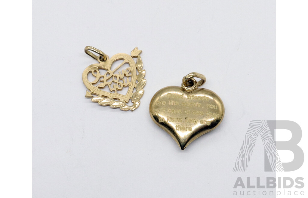 9ct Gold Pendants - 'Friends' Heart & 'I Love You' Designs, Total Weight 1.32 Grams